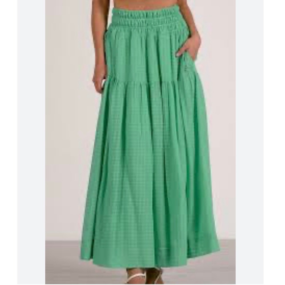 Elan Smocked Waist Maxi Skirt Mint Green Tiered Boho NWT Women's size Small